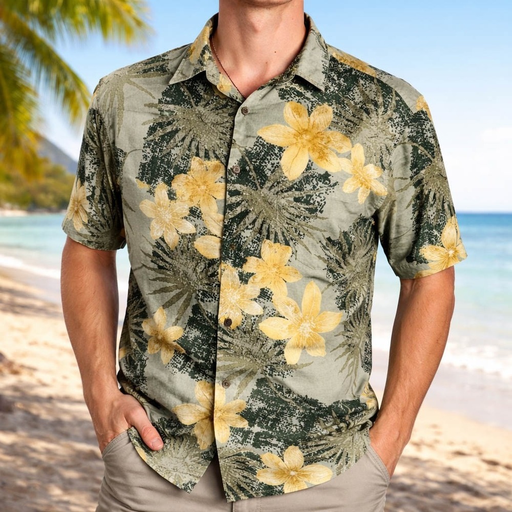 Hilo Hattie Hawaiian Aloha Shirt Small Flowers Floral Abstract Olive-Green